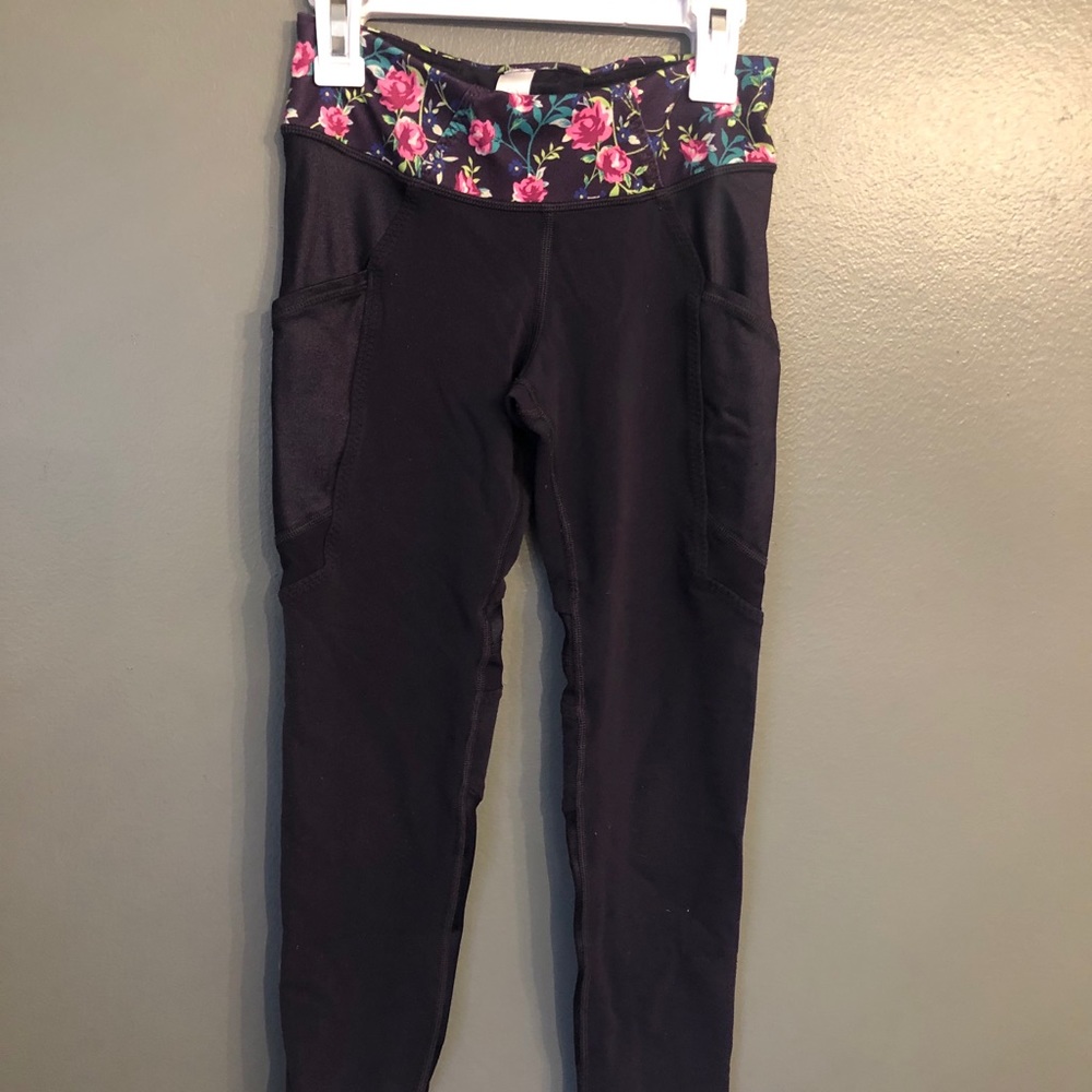 Ivivva black leggings with flowered waistband